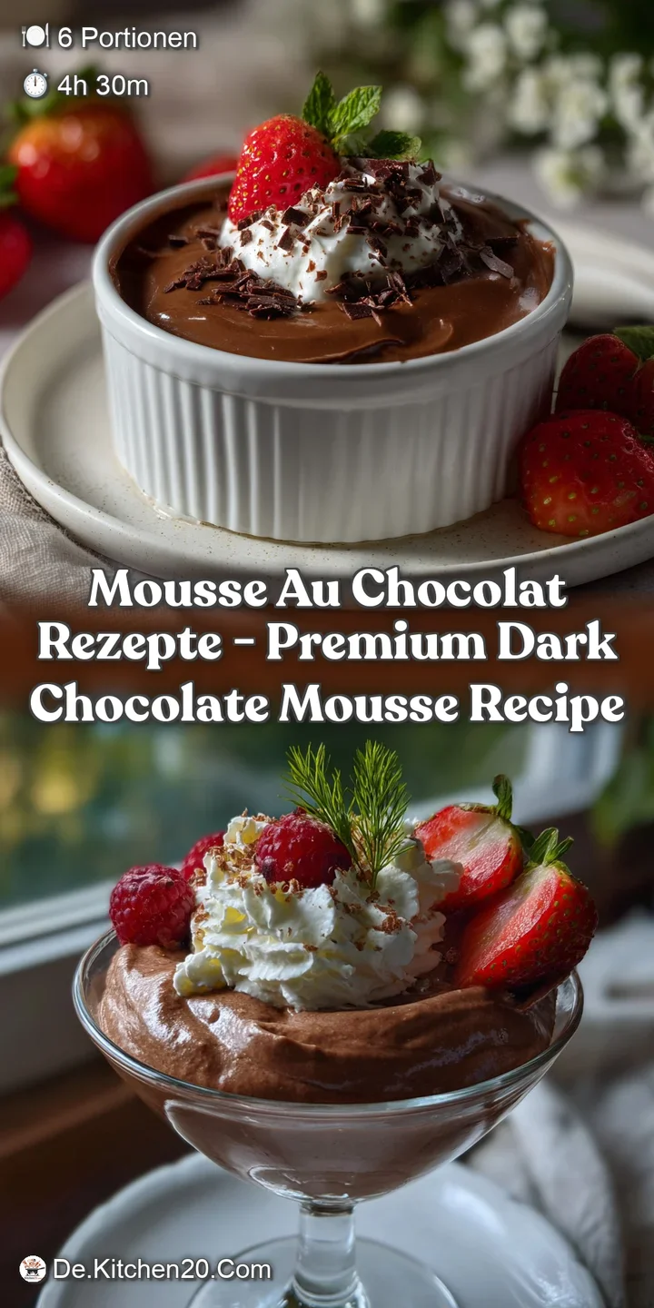 Close-up of a creamy, dark chocolate mousse, with a silky texture. The dessert has air bubbles, indicating a light and air...