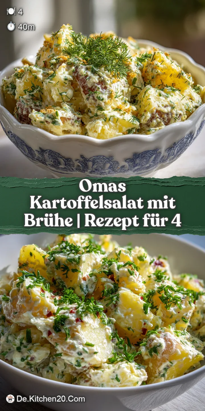 Close-up of German potato salad: creamy potatoes, crispy bacon, fresh dill, and thinly sliced onion mingle together.