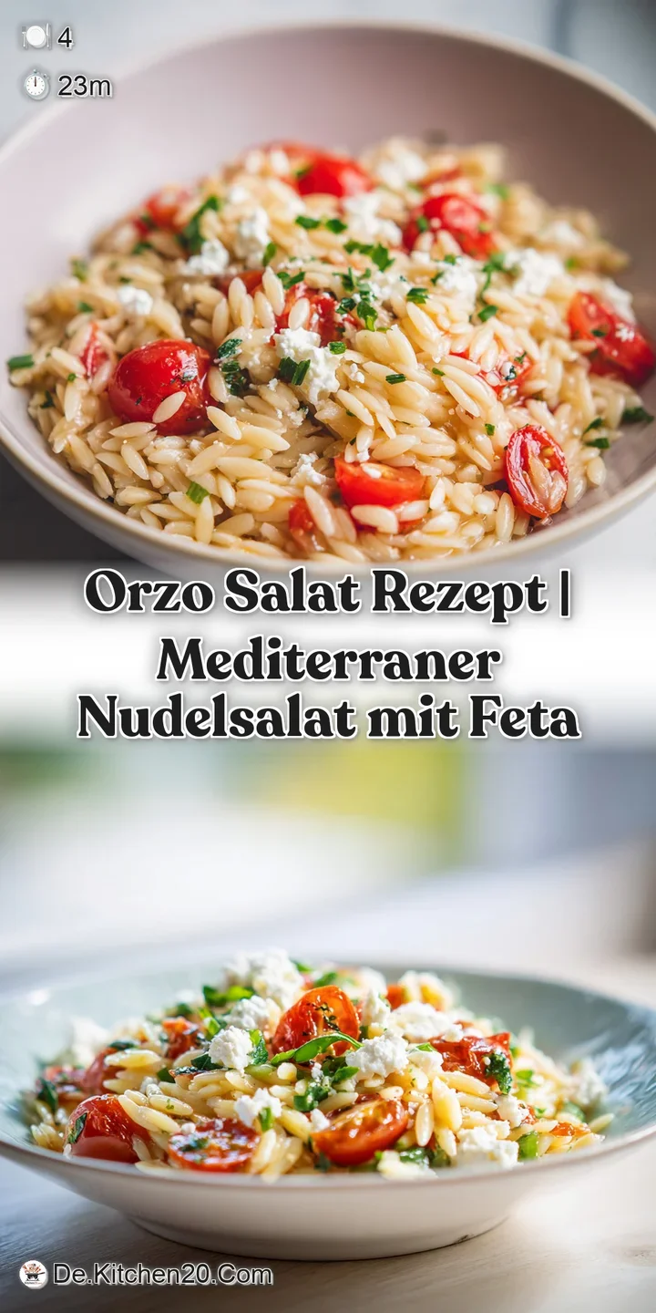 Close-up of fluffy orzo pasta mixed with diced cucumber, bell peppers, and a sprinkle of feta cheese.