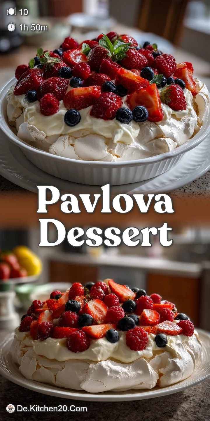 Close-up of a Pavlova slice: Fluffy whipped cream, ruby-red berries, and a perfectly crisp meringue shell. Sweet textures ...