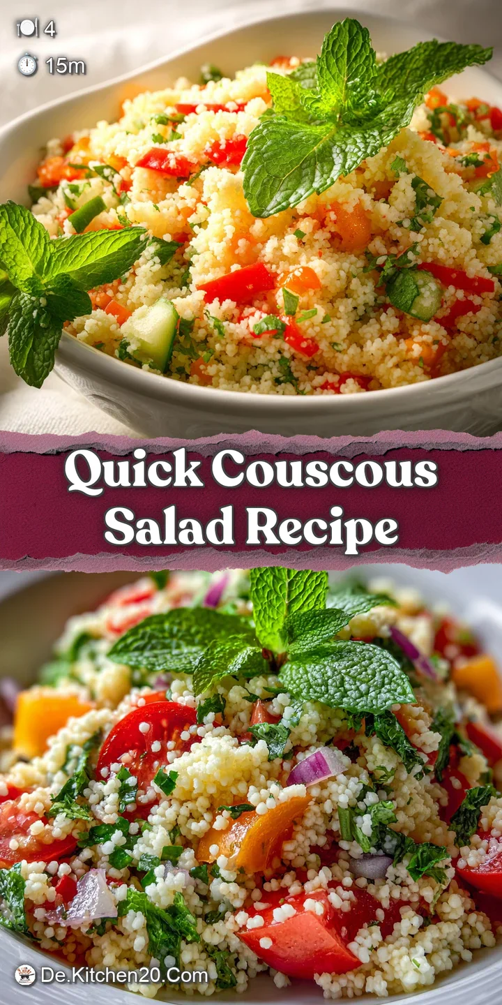 Close-up of a couscous salad: fluffy couscous, juicy tomatoes, and fresh mint leaves offer an inviting taste of summer's v...