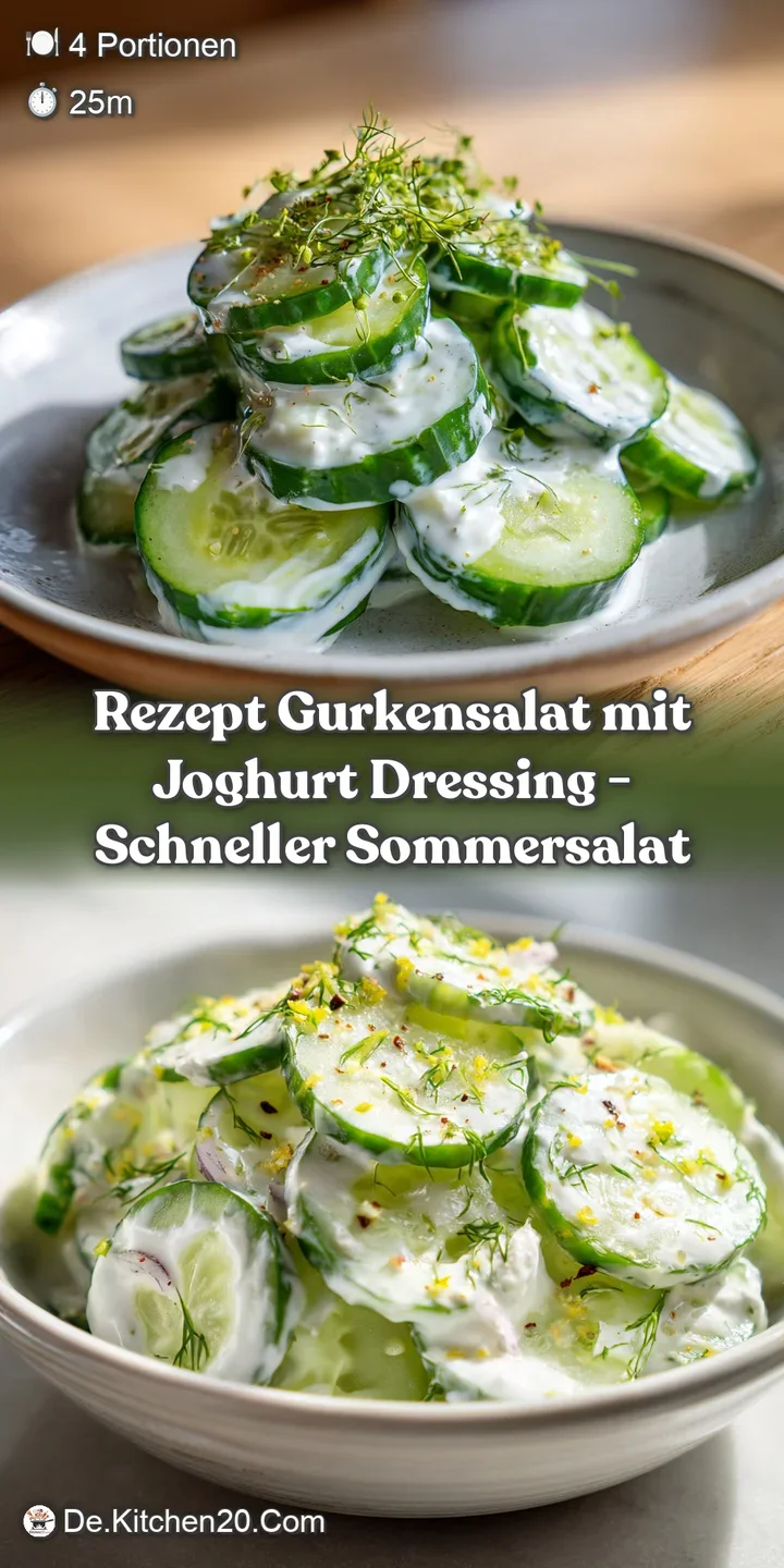 Close-up of cool, thinly sliced cucumber ribbons coated in a rich, white yogurt dressing, accented with vibrant green dill...