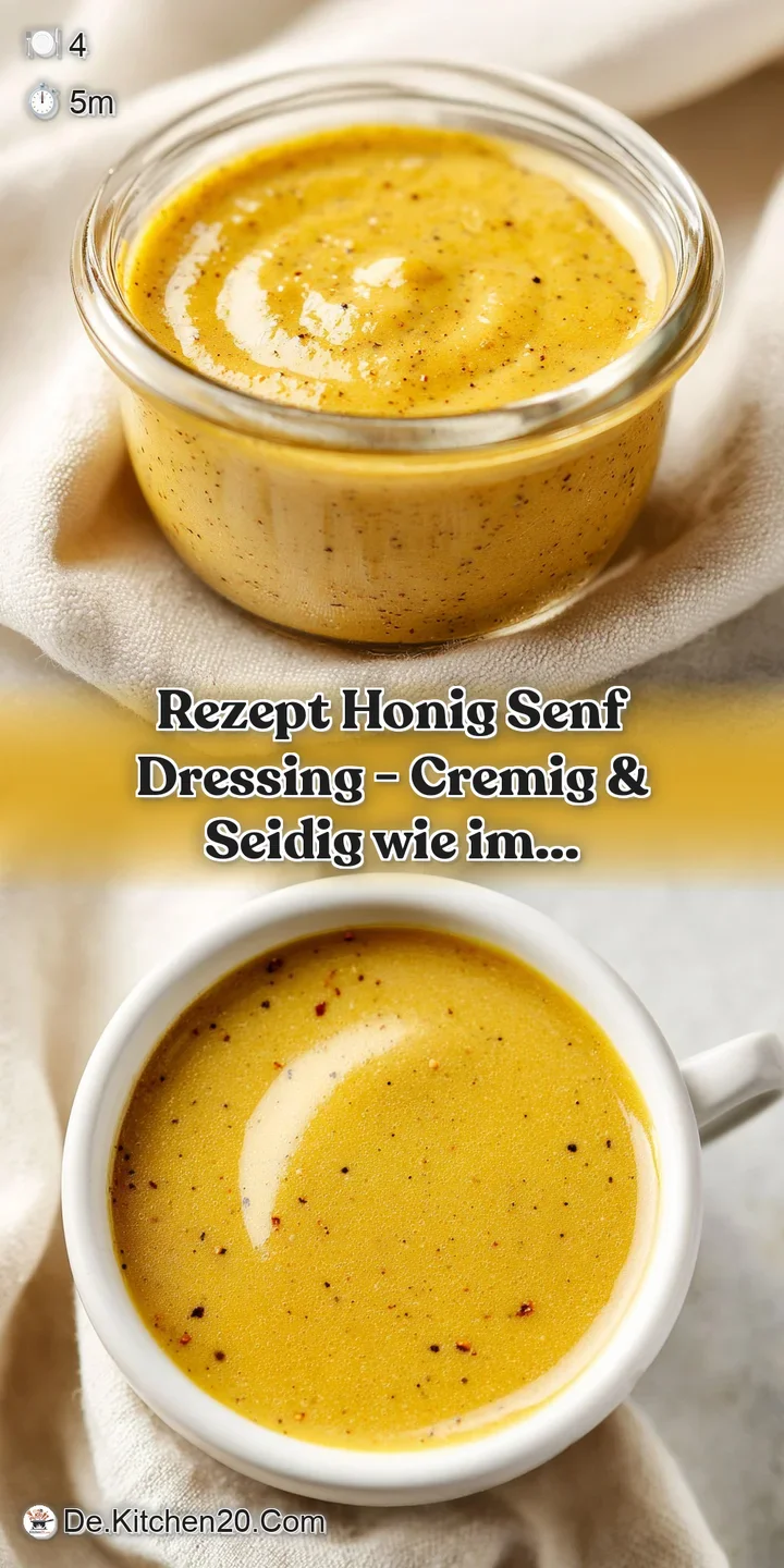 Creamy, emulsified honey mustard dressing catches the light, with tiny visible mustard seeds.