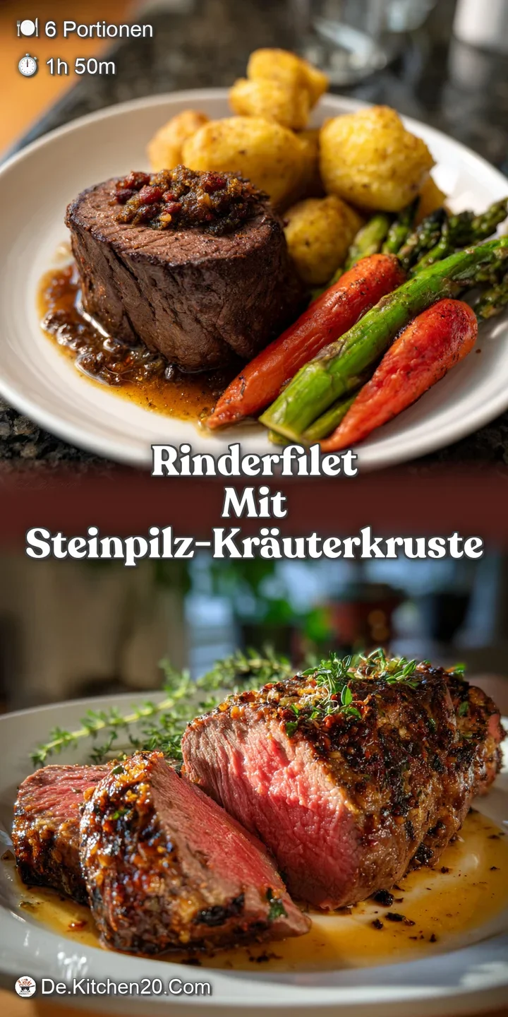 Close-up of a juicy beef filet with a flavorful, earthy mushroom crust. The tender meat is perfectly seared, hinting at a ...