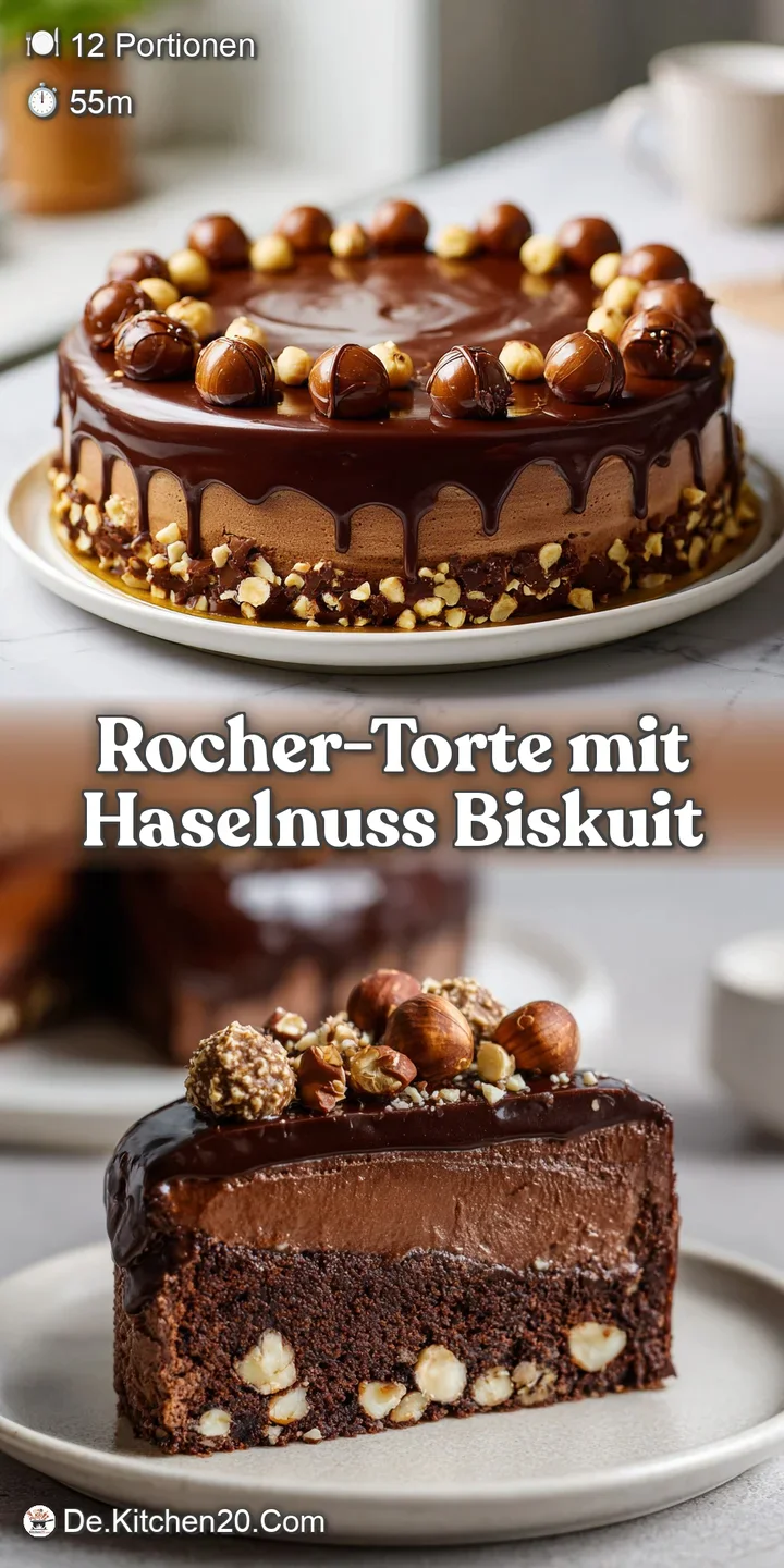 Close-up of a Rocher torte slice showcasing the creamy layers, glossy chocolate glaze, and rough texture of the chopped ha...