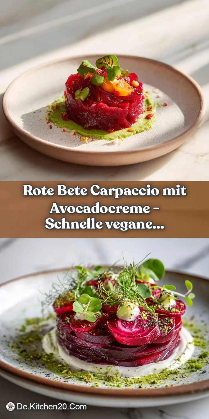 Close-up of thinly sliced, jewel-toned beetroot topped with smooth, velvety avocado cream and a pinch of pepper.