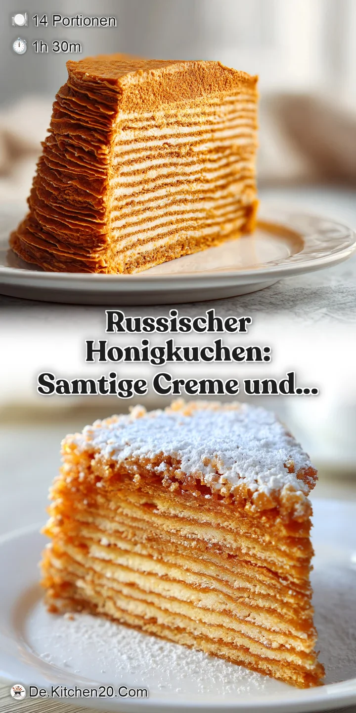 Close-up shows the rich, golden color of the honey cake's surface. The layered texture is slightly cracked, hinting at moi...