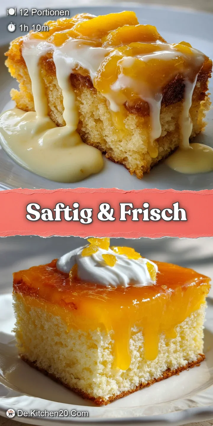 Close-up of a peach and vanilla cake slice, highlighting moist sponge, rich vanilla pudding, and sweet, juicy peaches. A t...