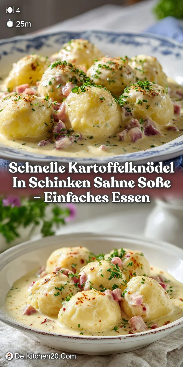 Close-up: Silky potato dumplings swim in rich, ivory-colored sauce dotted with browned ham. Glistening and savory, ready t...