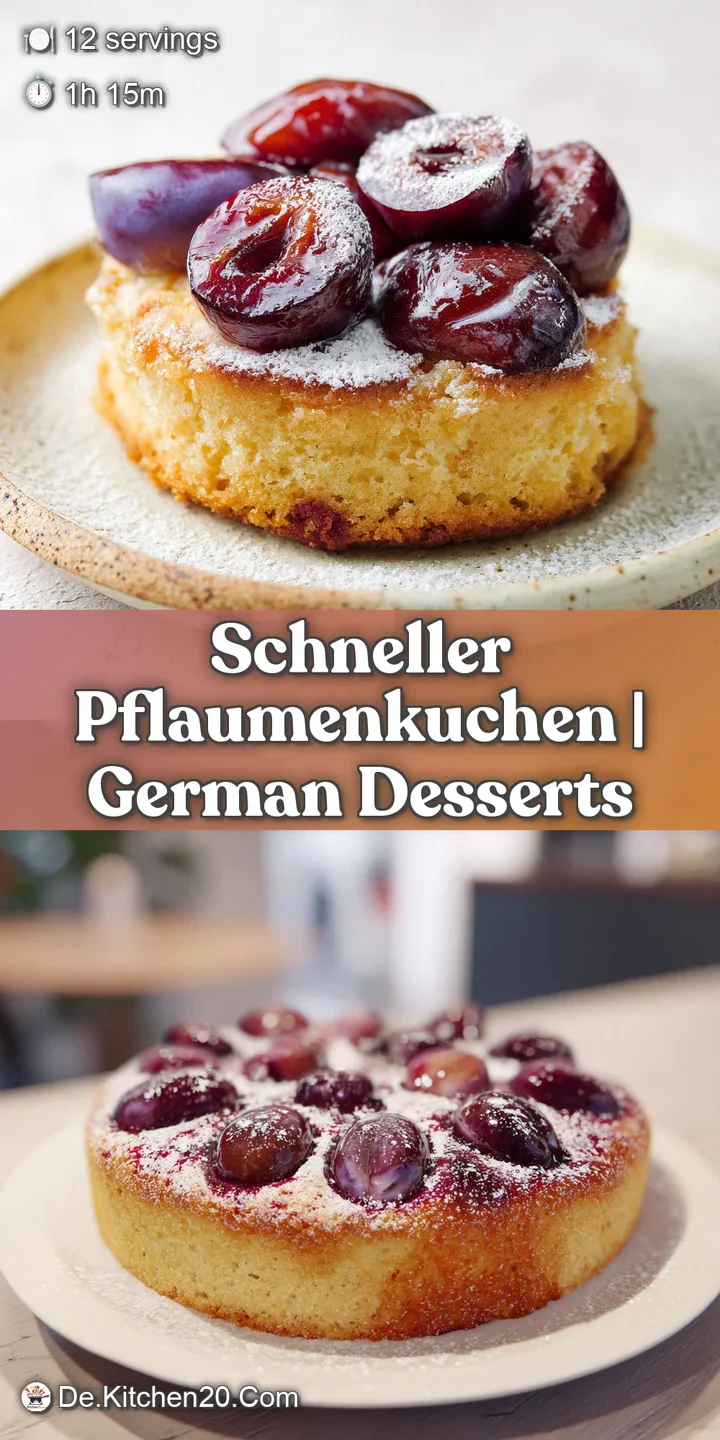 Nahaufnahme saftiger, dunkelroter Pflaumen auf einem fluffigen Teig mit gl&auml;nzender Oberfl&auml;che und Puderzucker.