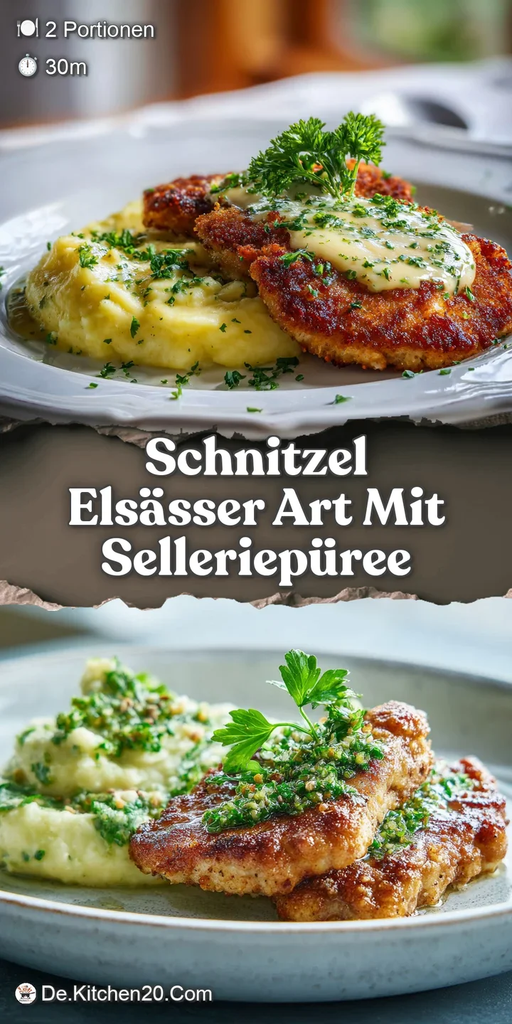 Close-up reveals juicy schnitzel texture, contrasted by the smooth celery puree. Sizzling savory delight with fresh, green...