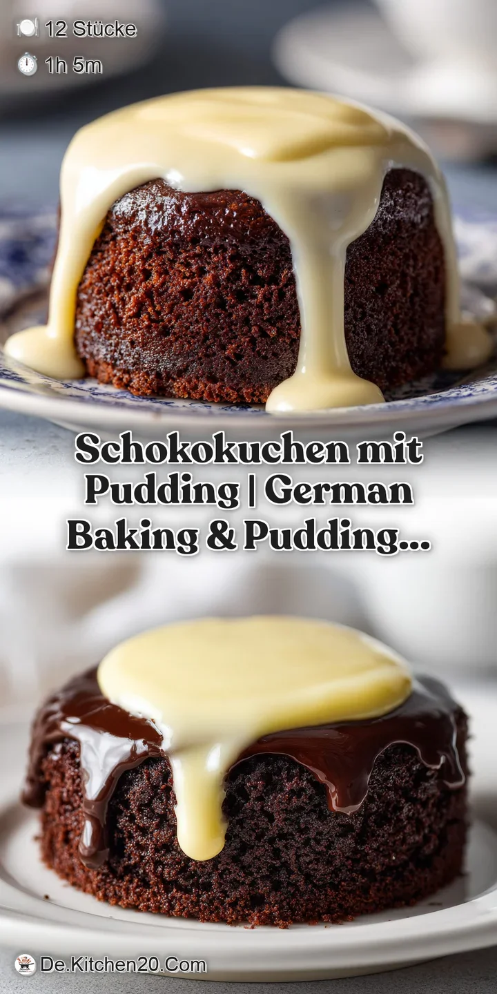 Nahaufnahme der feuchten Krume eines dunklen Schokokuchens mit einer zartschmelzenden, glatten Pudingschicht.