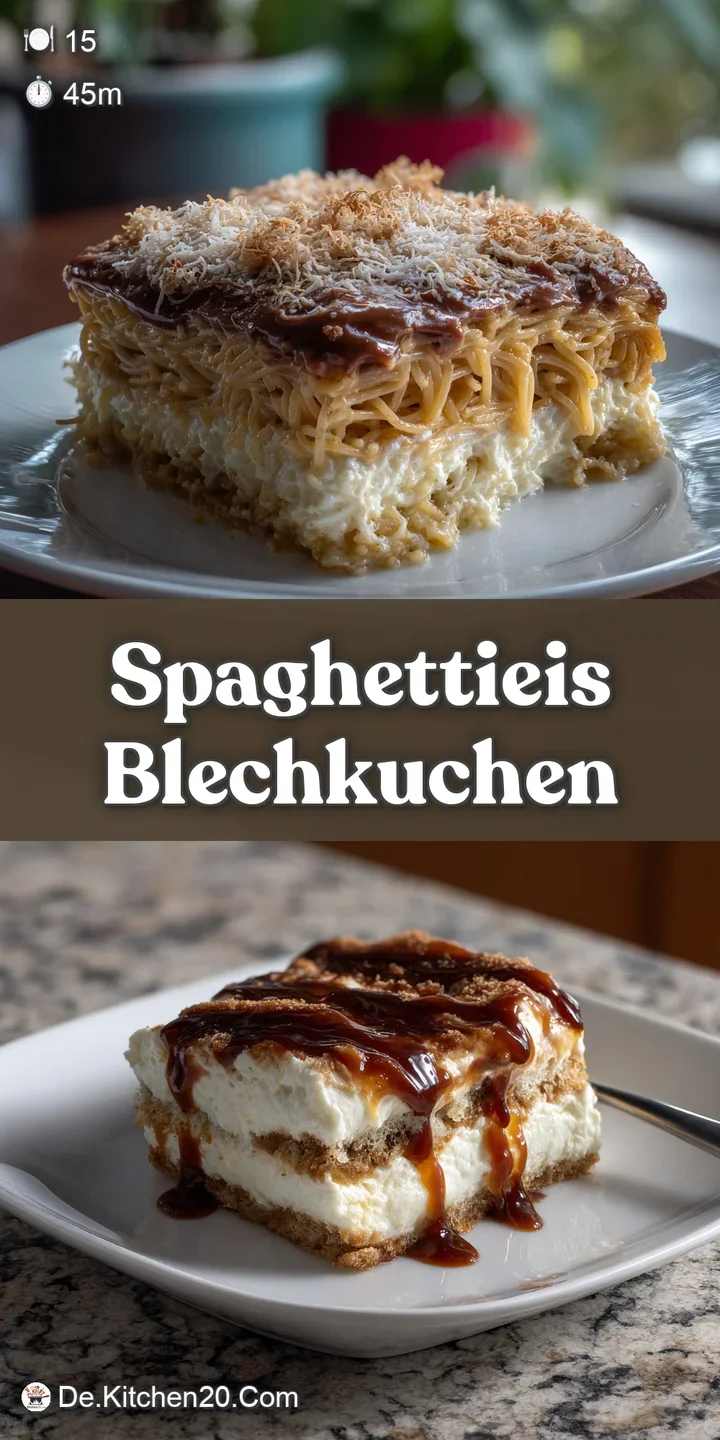 Close-up reveals delicate strands of shredded coconut 'spaghetti' atop the creamy cake, dotted with vibrant red 'berry sau...