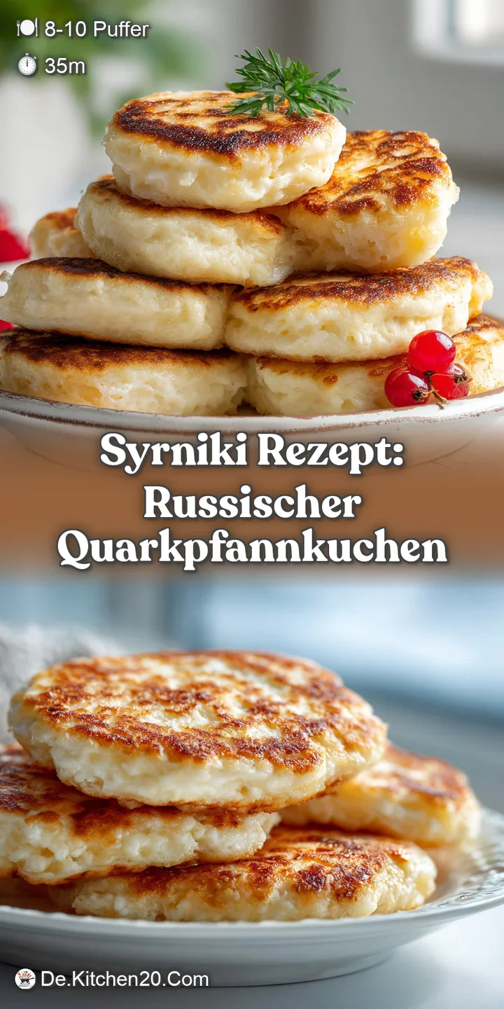 Close-up of a golden Syrniki pancake, its surface slightly browned and textured, showing the soft, cheesy interior, with p...