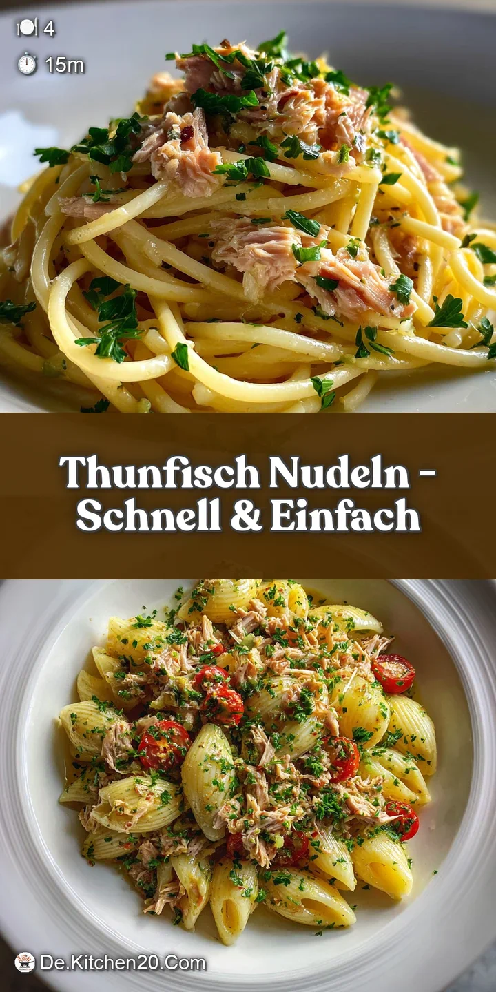 Close-up of tuna noodle dish: tender pasta, chunks of tuna, and bright green herbs mingle in a luscious, light-colored sauce.