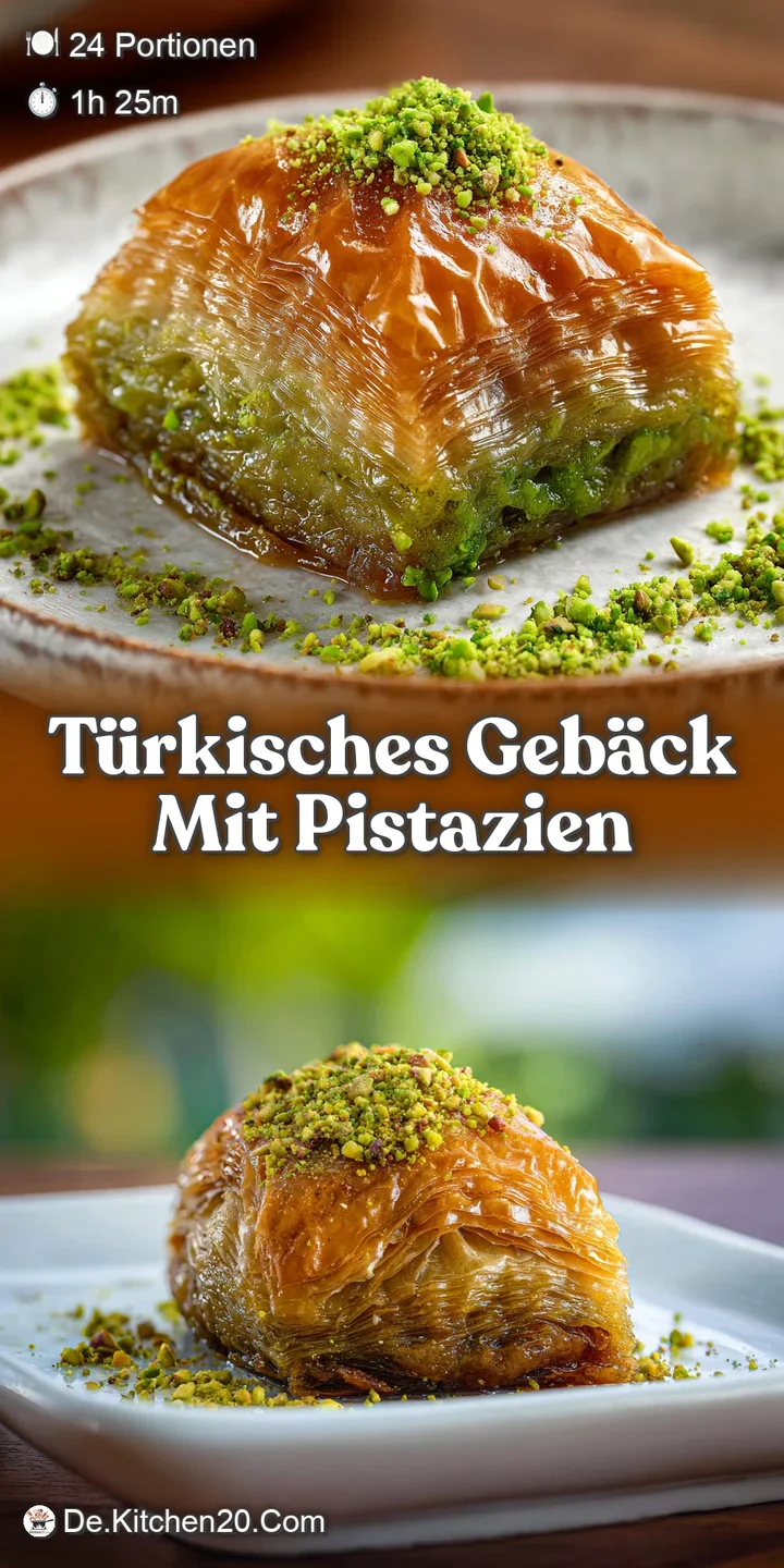 Up-close, a buttery, flaky pastry with a generous sprinkle of green pistachios, showcasing its delicate texture and rich c...