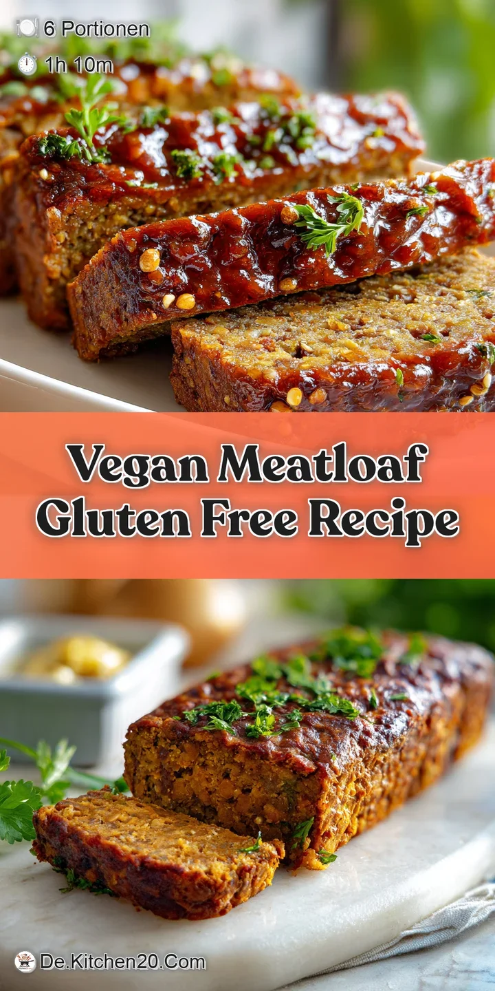 Close-up shows the moist, crumbly texture of the vegan loaf, studded with oats. Hints of herbs peek through the slightly b...