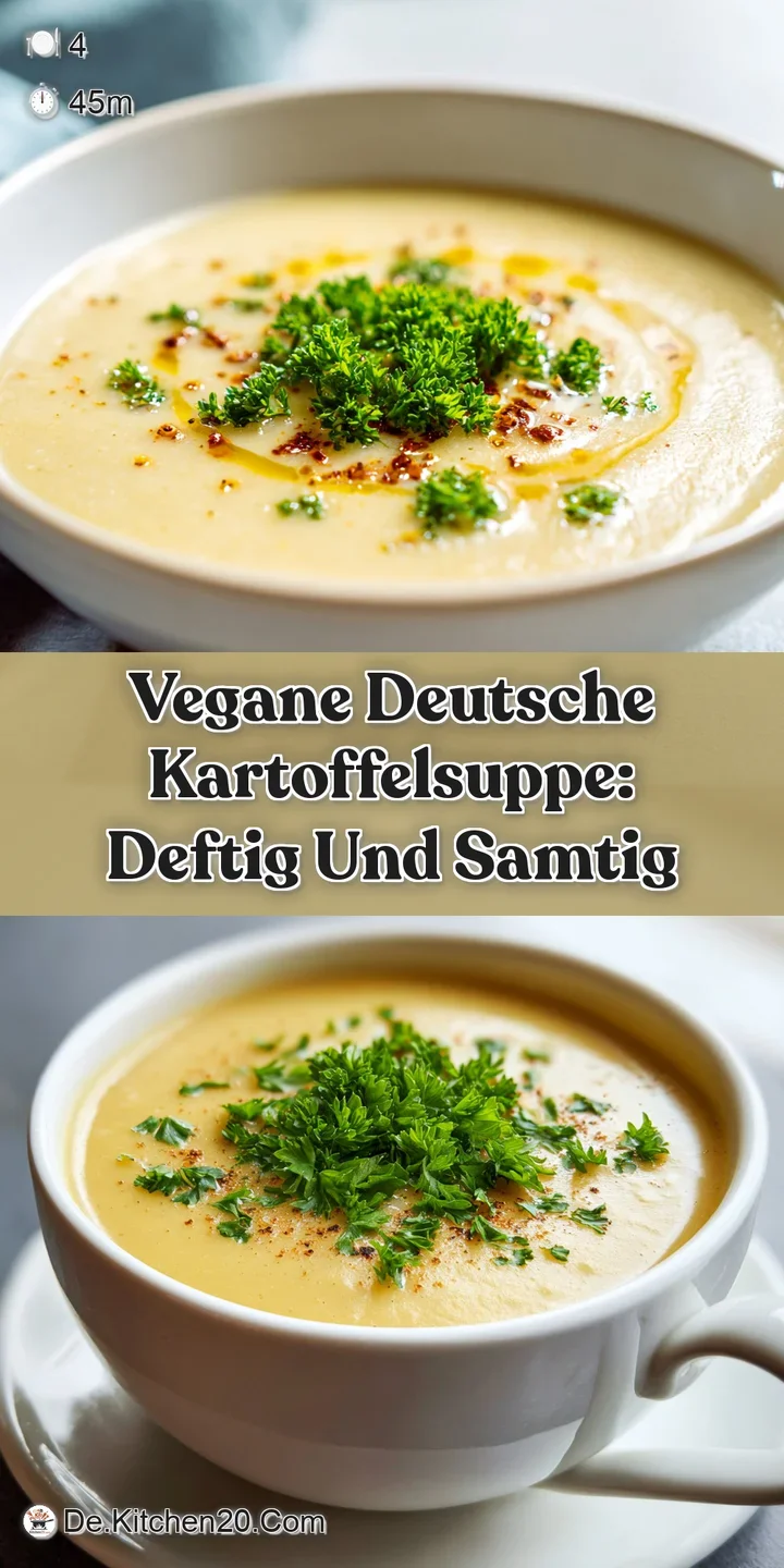 Close-up of thick, hearty vegan potato soup with visible potato chunks, flecks of green herbs, and a creamy, inviting text...