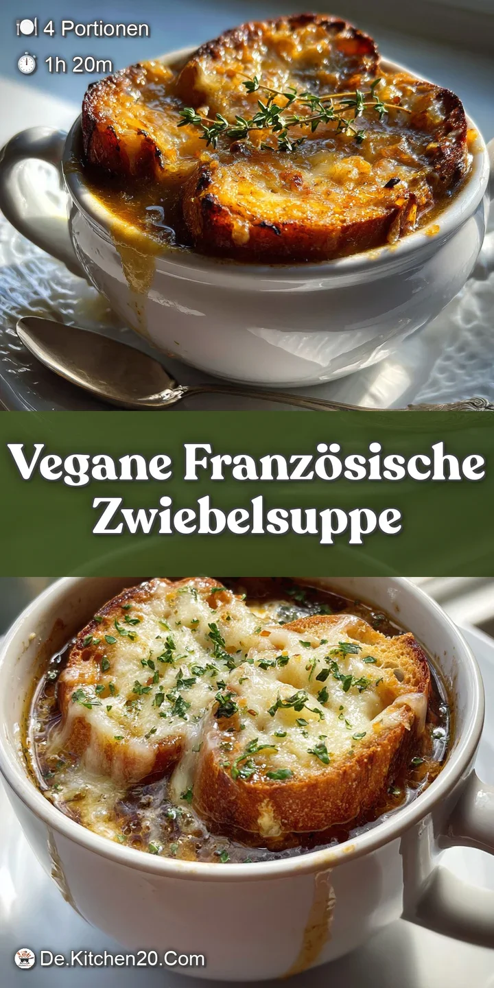 Close-up of bubbling, browned vegan cheese over deeply caramelized onions in a dark, savory broth. Steamy and comforting.