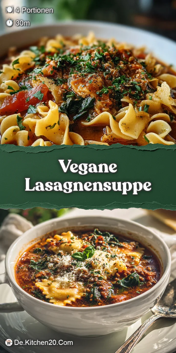Close-up of rich, vegan lasagna soup; swirls of bright tomato and hints of golden-brown noodles create a hearty, comfortin...