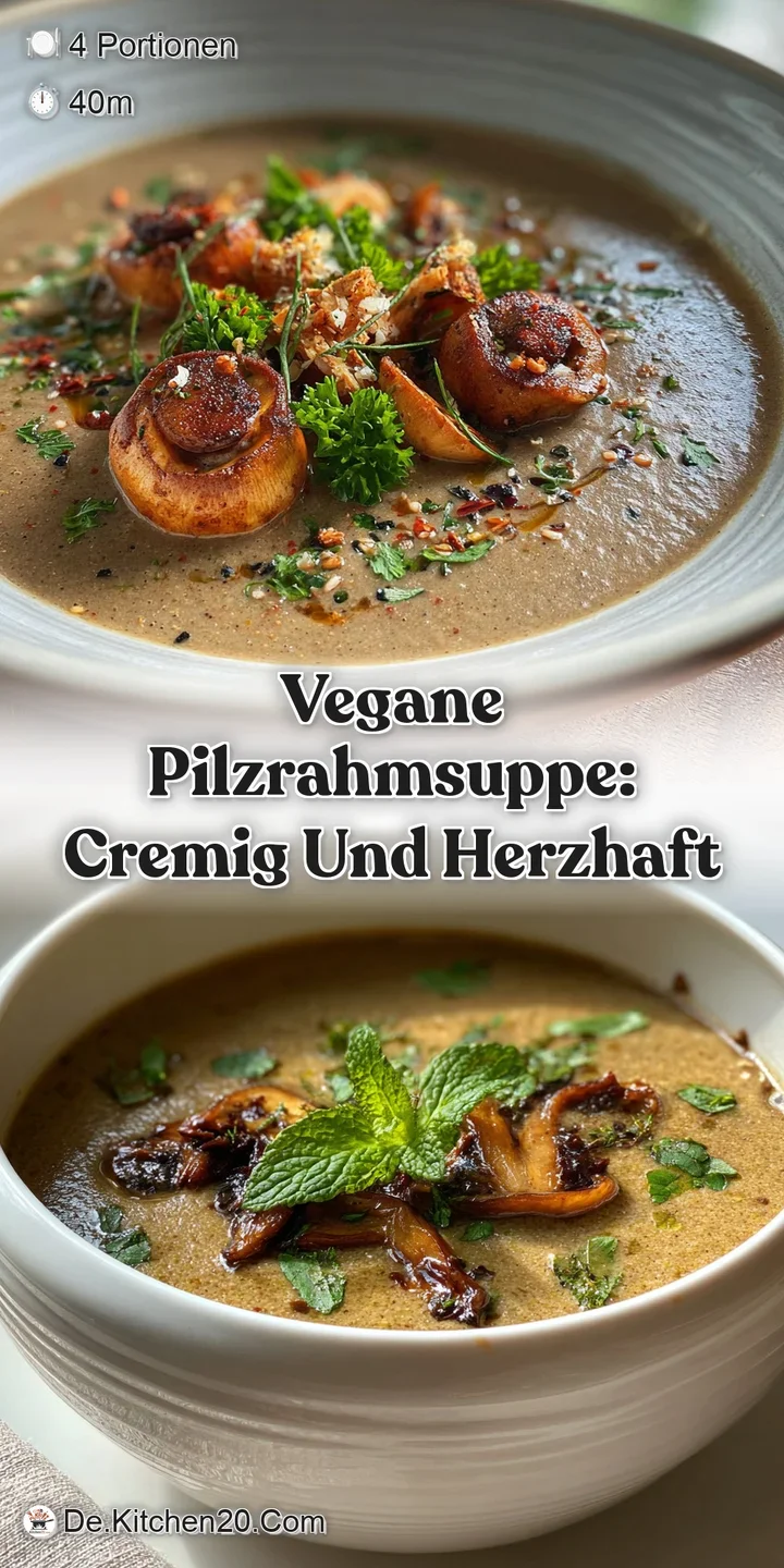 Appetizing close-up of vegan mushroom cream soup, showing the velvety texture and hearty chunks of tender mushrooms.