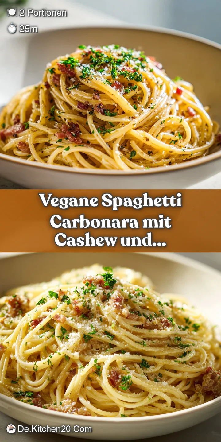 Close-up shows glistening strands of vegan carbonara. The creamy sauce coats the pasta with flecks of pepper and herbs.