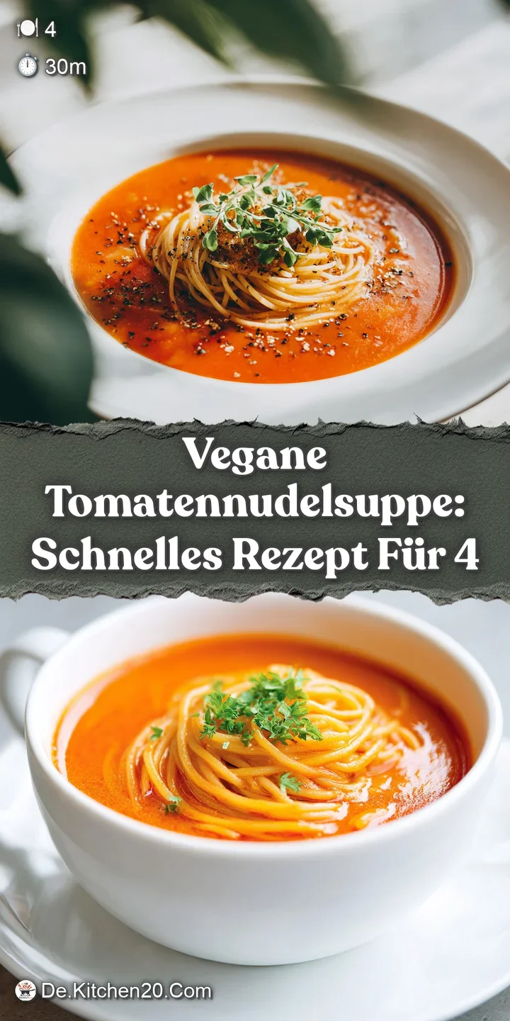 Close-up of glistening tomato noodle soup. Tender noodles peek from a vibrant, flavorful broth with fresh basil aroma.