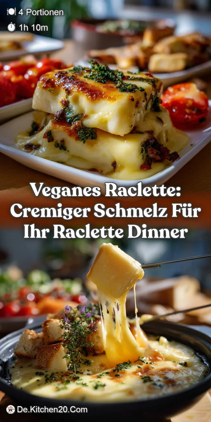 Close-up of bubbling, creamy vegan raclette. The warm, gooey texture is contrasted by the crisp edges and steam rising off...