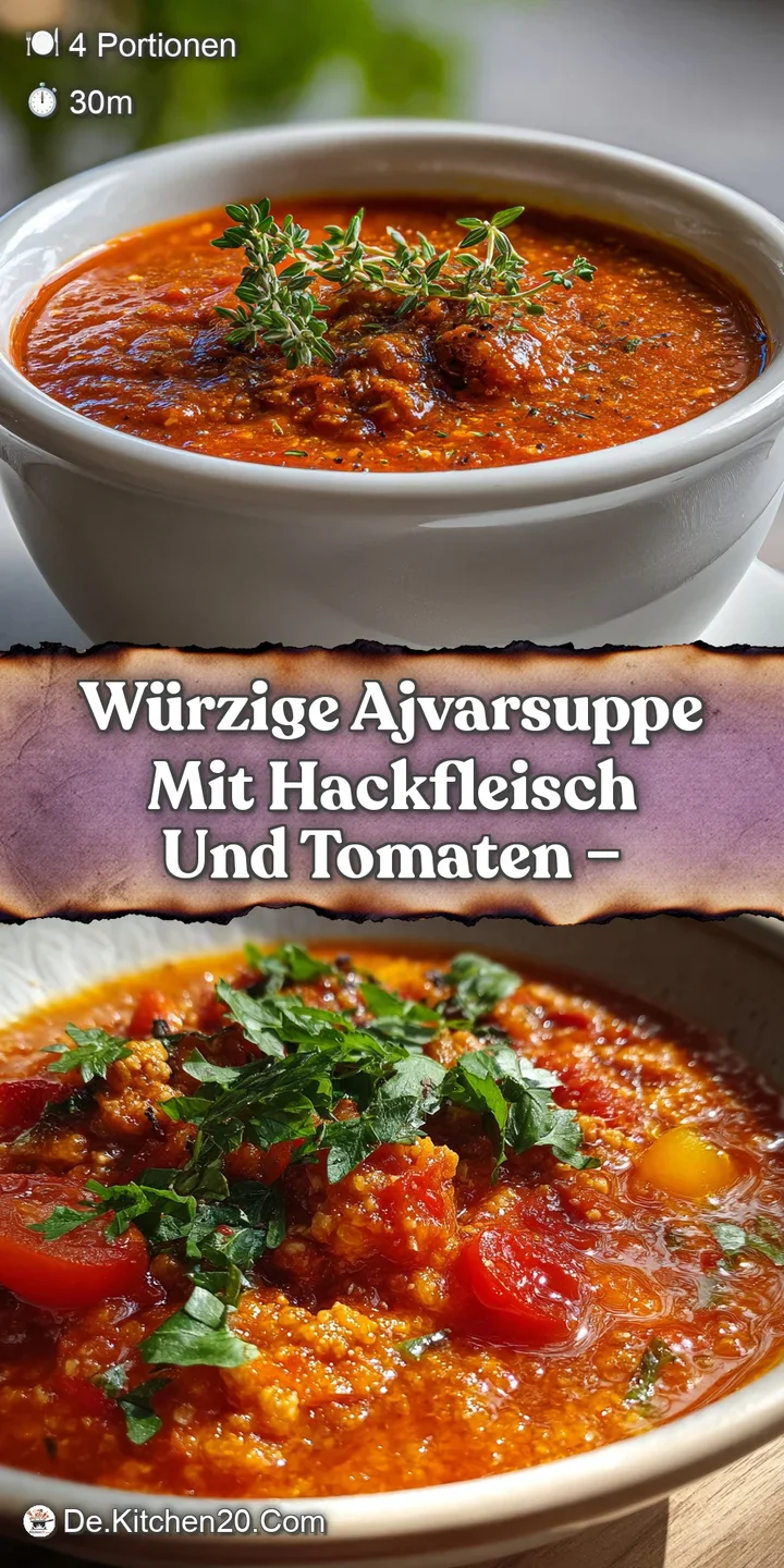 Close-up of the deep red soup with chunks of ground meat and bright tomato pieces. Fresh herbs and a swirl of cream add in...