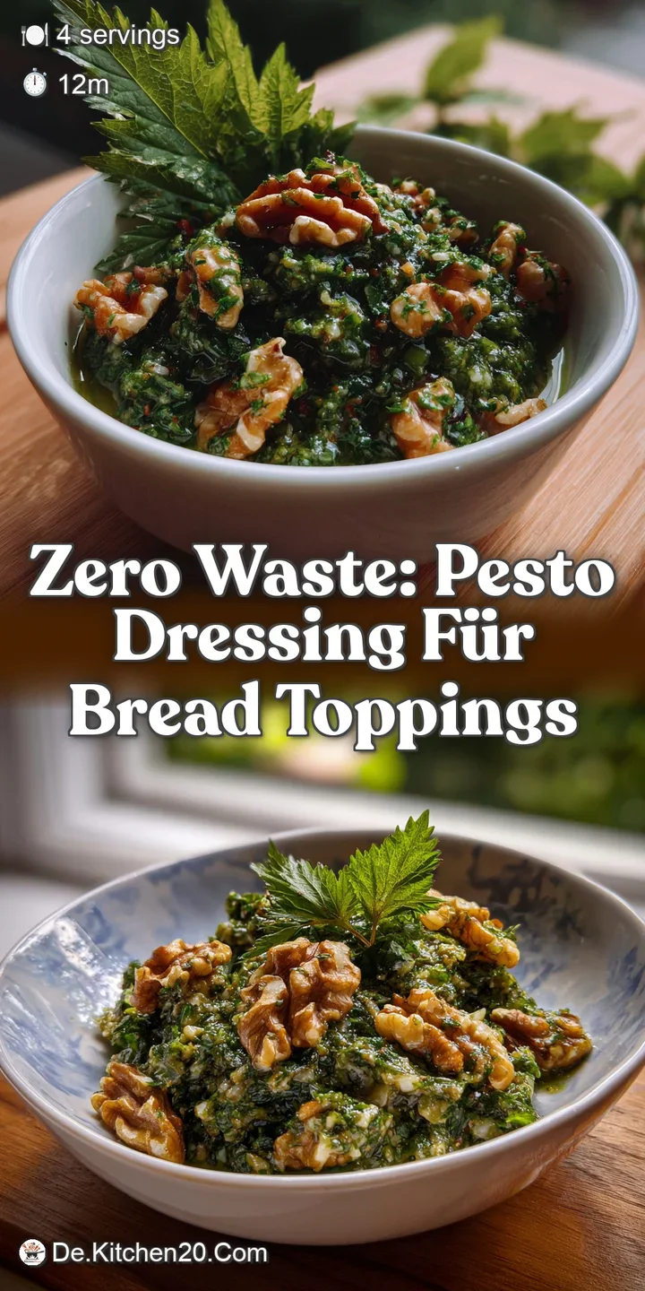 Close-up view of creamy pesto coating the pasta, speckled with visible bits of kohlrabi and nuts, a burst of fresh flavor.