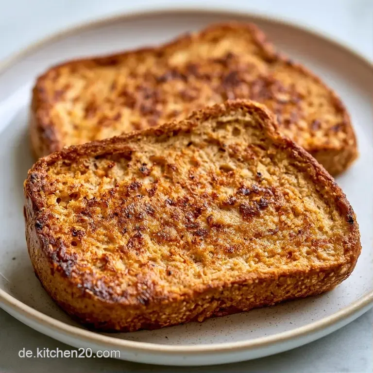 Stapel knuspriger, goldgelber Toastst&uuml;cke auf einem wei&szlig;en Teller mit Beeren und einem frischen Minzblatt daneben.