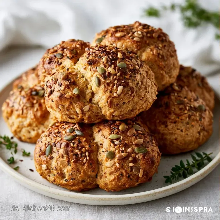 Drei fluffige, goldene Br&ouml;tchen auf einer wei&szlig;en Keramikplatte, garniert mit frischen Kr&auml;utern und weicher Butter.
