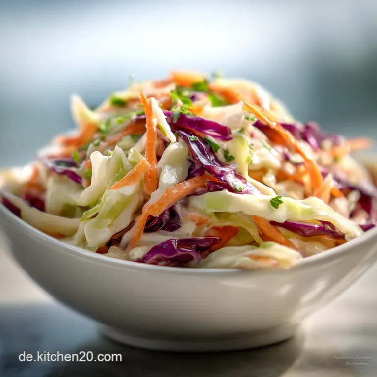 Elegant serving of coleslaw in a clear bowl, showcasing the mix of crisp cabbage and the smooth, creamy dressing.