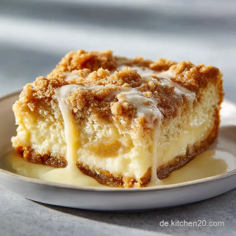 A fork-tender slice of apple cake sits next to a swirl of white vanilla pudding, sprinkled with crumbly streusel.