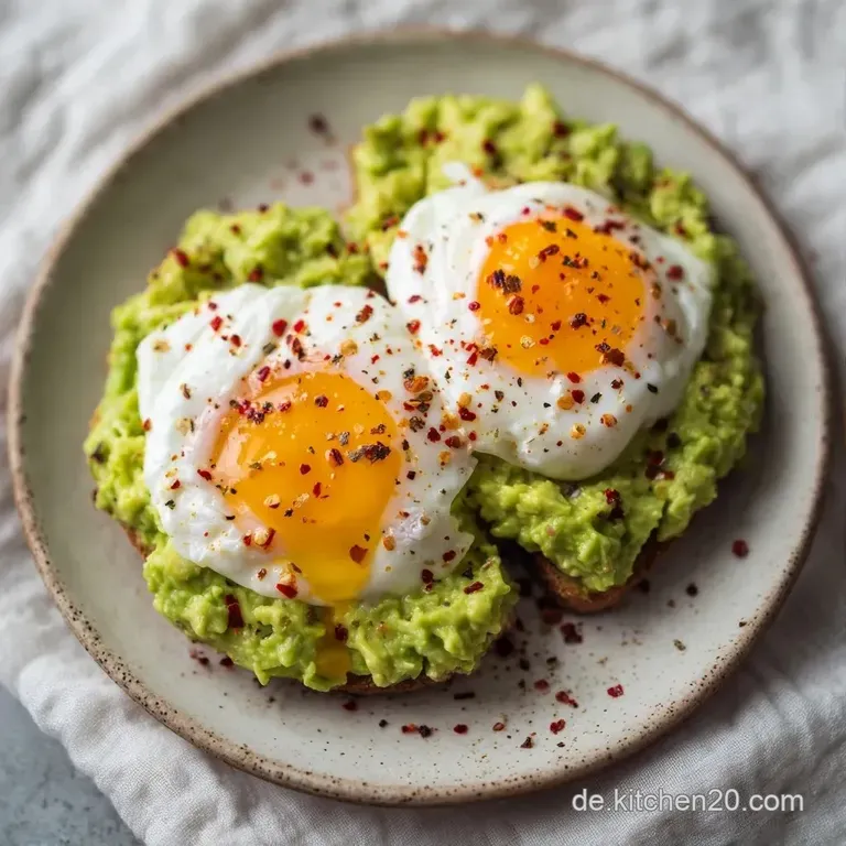 Ein helles Keramikplateau mit Avocado-Toast, garniert mit frischem Koriander und roten Chiliflocken auf wei&szlig;em Leinen.
