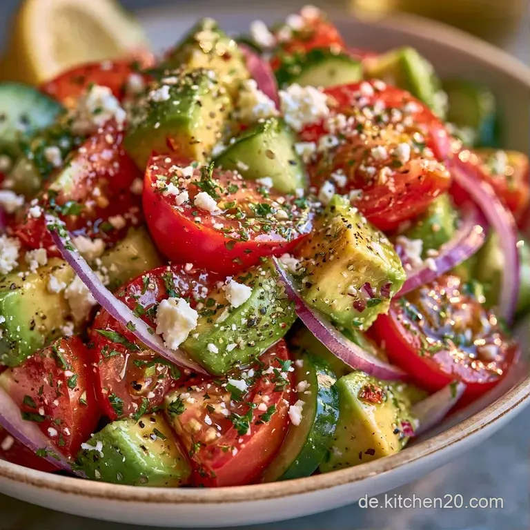 Ein flacher Teller zeigt arrangierte Avocado-W&uuml;rfel, zerbr&ouml;selten Feta und frische Kr&auml;uter in hellem Tageslicht.