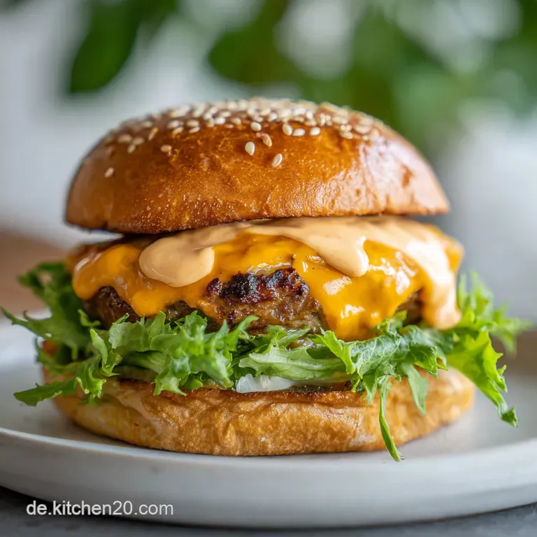 A swirl of glossy, reddish-brown burger sauce elegantly drizzled beside a juicy burger. Clean, modern presentation.