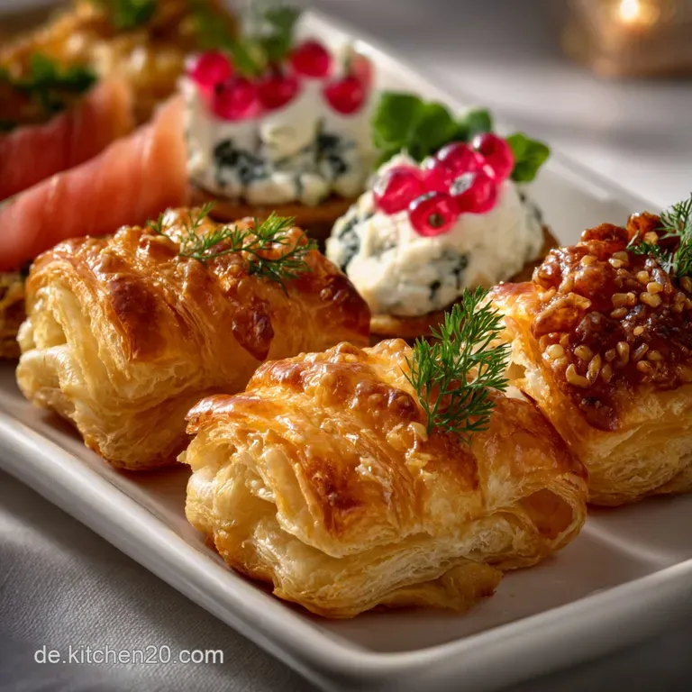 Elegant arrangement of appetizers on a serving platter. Crisp crackers topped with colorful ingredients and fresh garnishes.