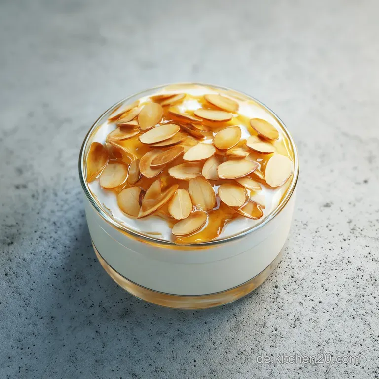 Ein St&uuml;ck Schichttorte auf wei&szlig;em Porzellan, goldene Mandelkruste oben und helle Mascarpone-Schichten an der Seite.