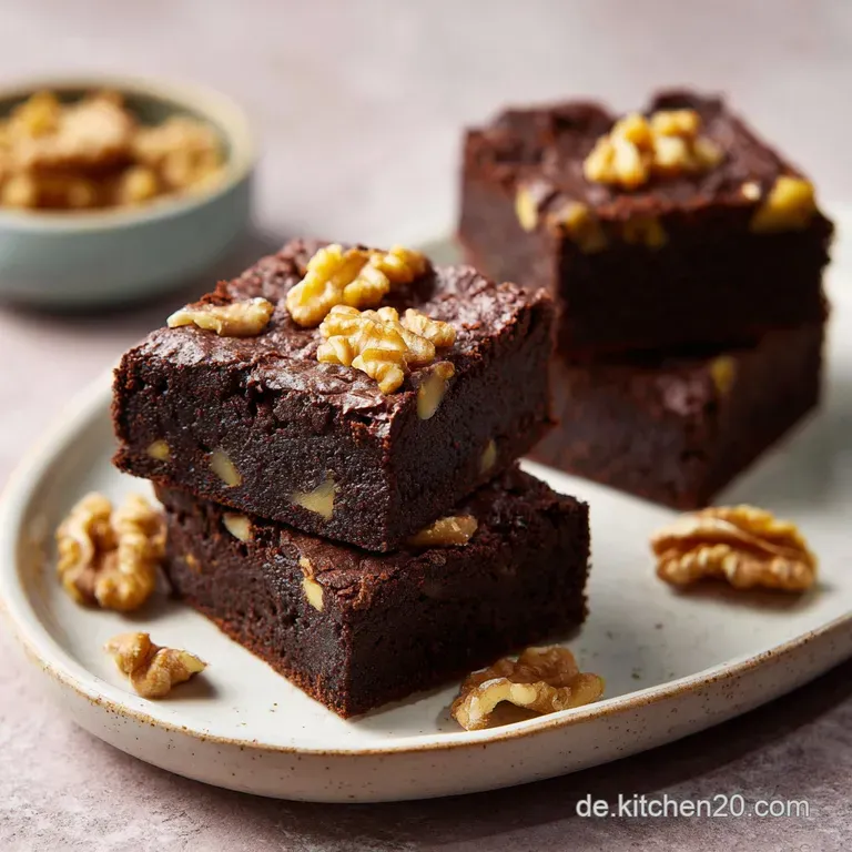 A square of rich brownie with walnuts & pears, dusted with powdered sugar, presented on a white plate with a silver fork.