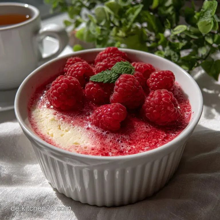 Elegant serving of creamy champagne dessert in a tall glass, garnished with vibrant red raspberries and a green mint sprig.