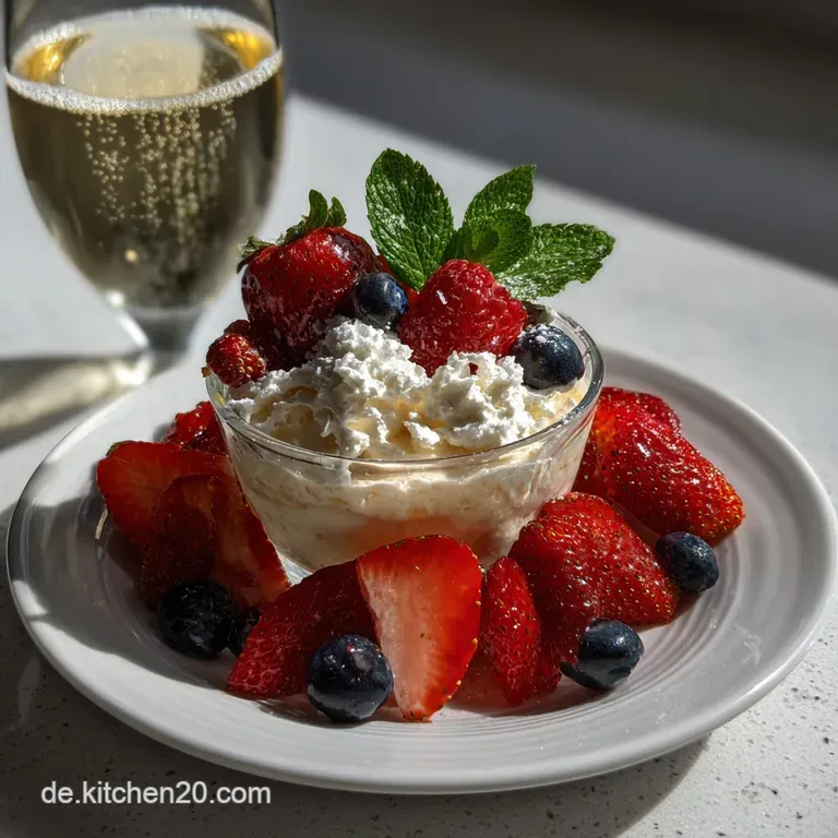 Delicate champagne mousse artfully arranged on a white plate, with fresh berries and a sprig of mint for a refreshing touch.
