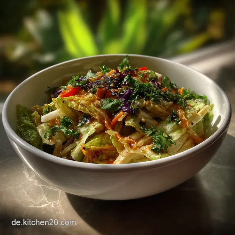 A beautifully plated Asian-inspired salad with vibrant greens, crunchy noodles, and a light, shimmering dressing, inviting...