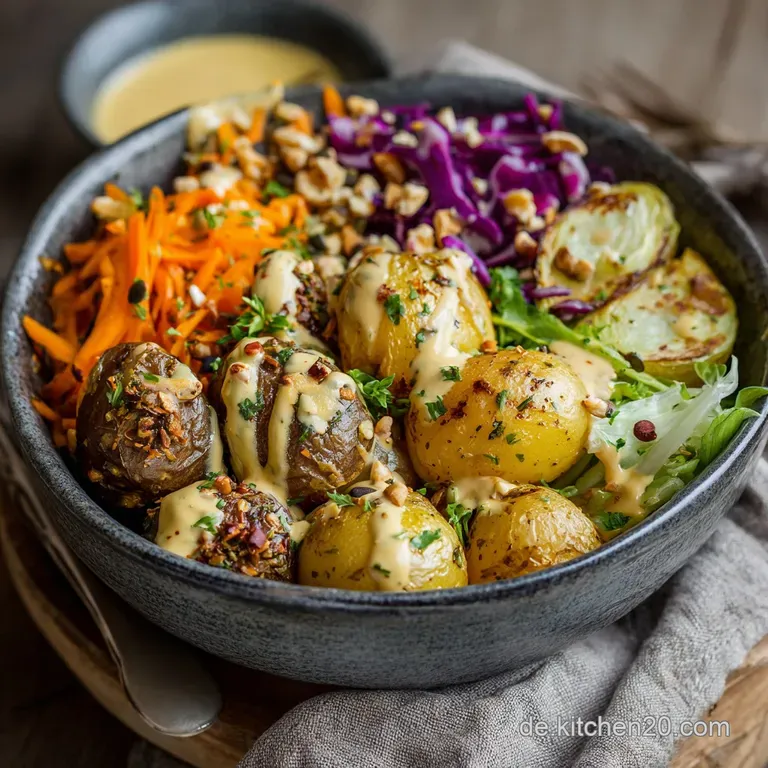Clean Eating Buddha Bowl mit Kartoffeln: Die goldene Mitte mit Rosmarin und cremigem Dressing.