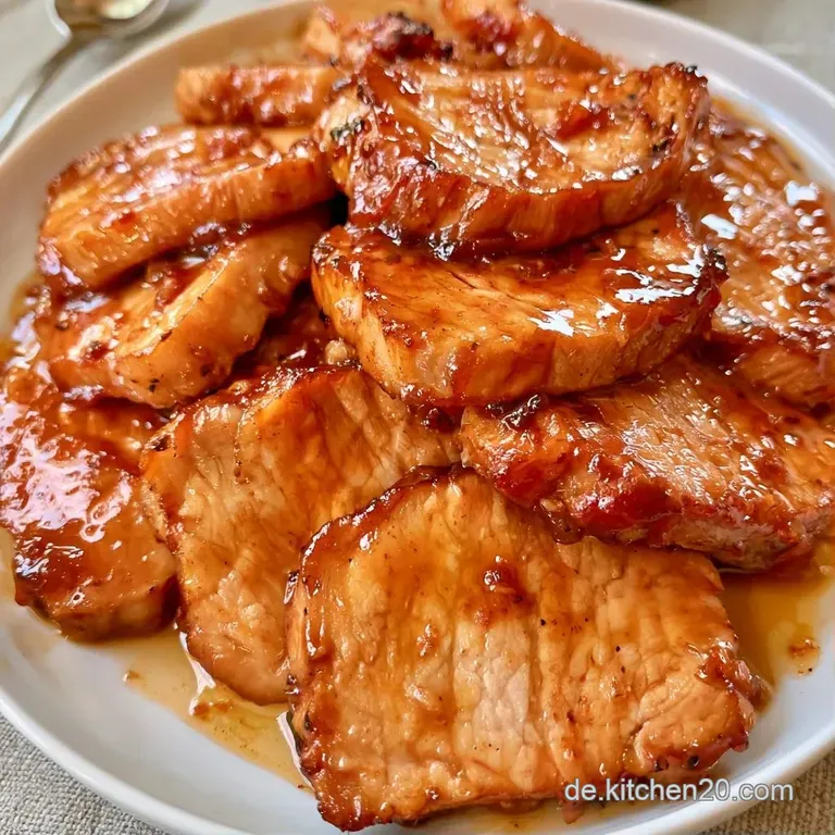 Dampfendes Fleisch in satter, brauner Sauce auf einer wei&szlig;en Porzellanplatte, garniert mit frischer gr&uuml;ner Petersilie.