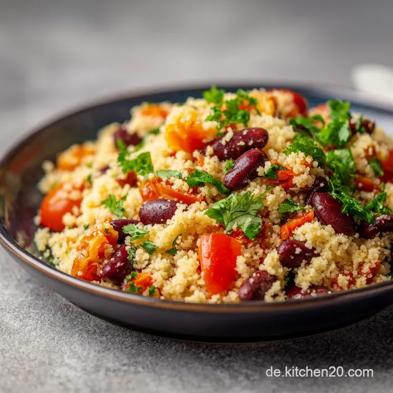 A colorful mound of couscous, kidney beans, and tomatoes artfully arranged in a white bowl, topped with cilantro.