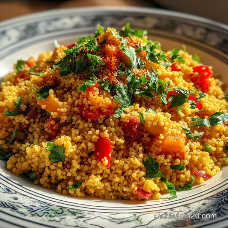 Elegant plate of fluffy couscous dotted with bright peppers and herbs; light steam rises, hinting at warmth; simple, clean...