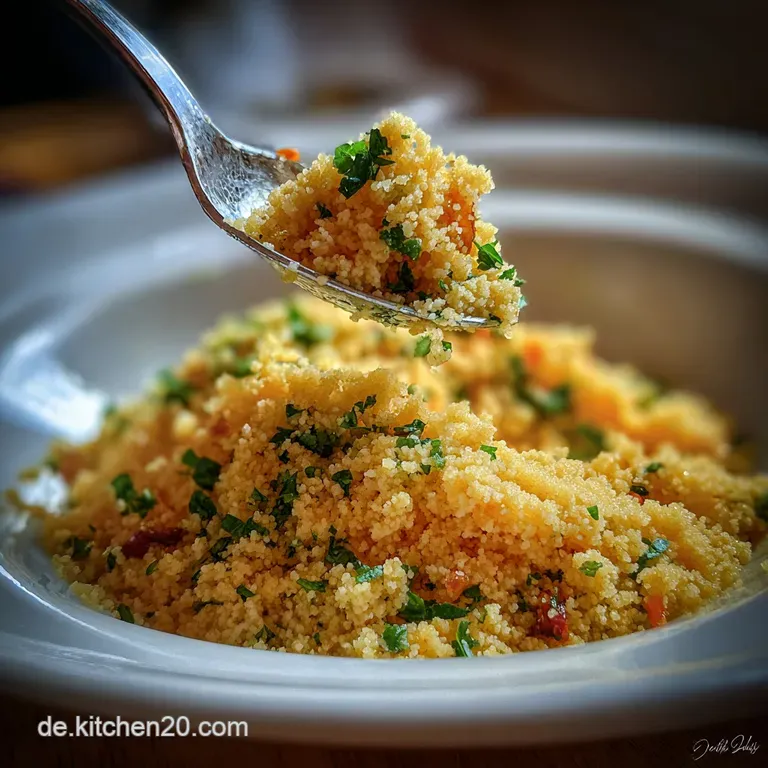 Steaming couscous pilaf, flecked with herbs, spices & plump golden raisins in a minimalist white bowl, ready to be savored.