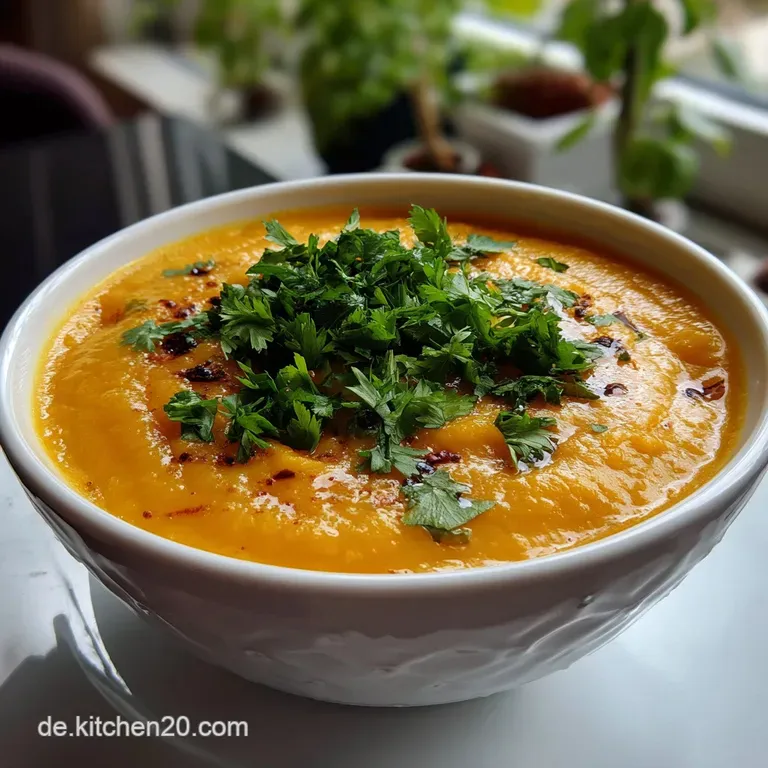 Vibrant orange carrot soup swirled with creamy coconut milk, garnished with a sprig of fresh green herbs, in a white bowl.