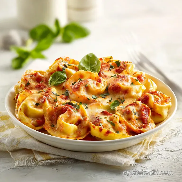 Plated tortellini bake with a crispy, golden cheese crust, garnished with fresh herbs.